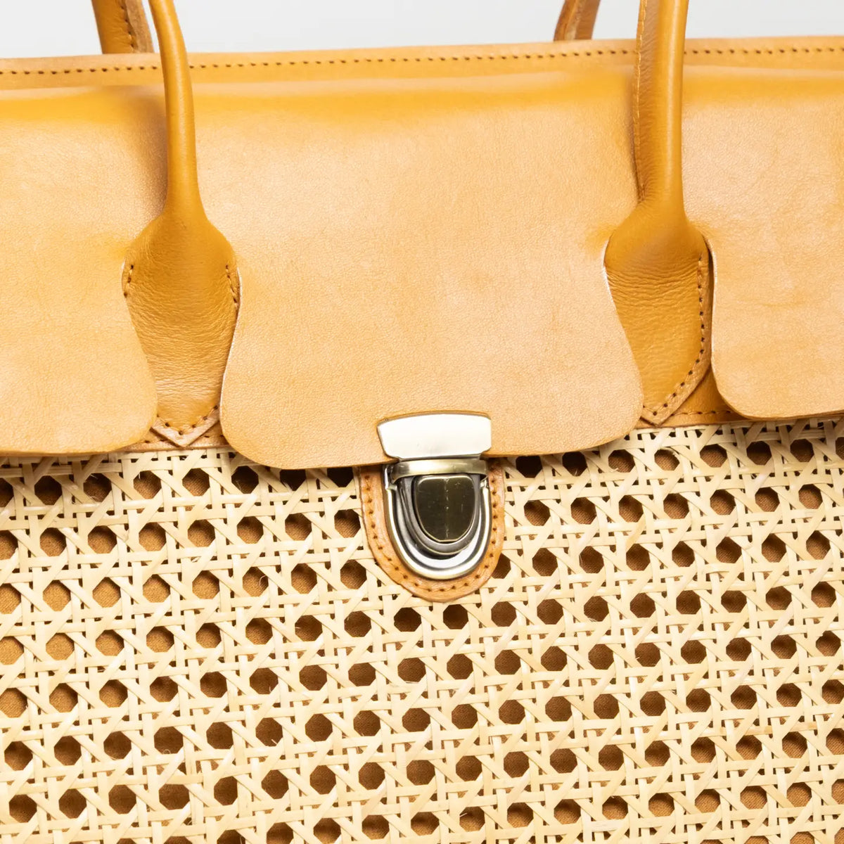 Rattan Cane Weave Satchel with Leather Trim