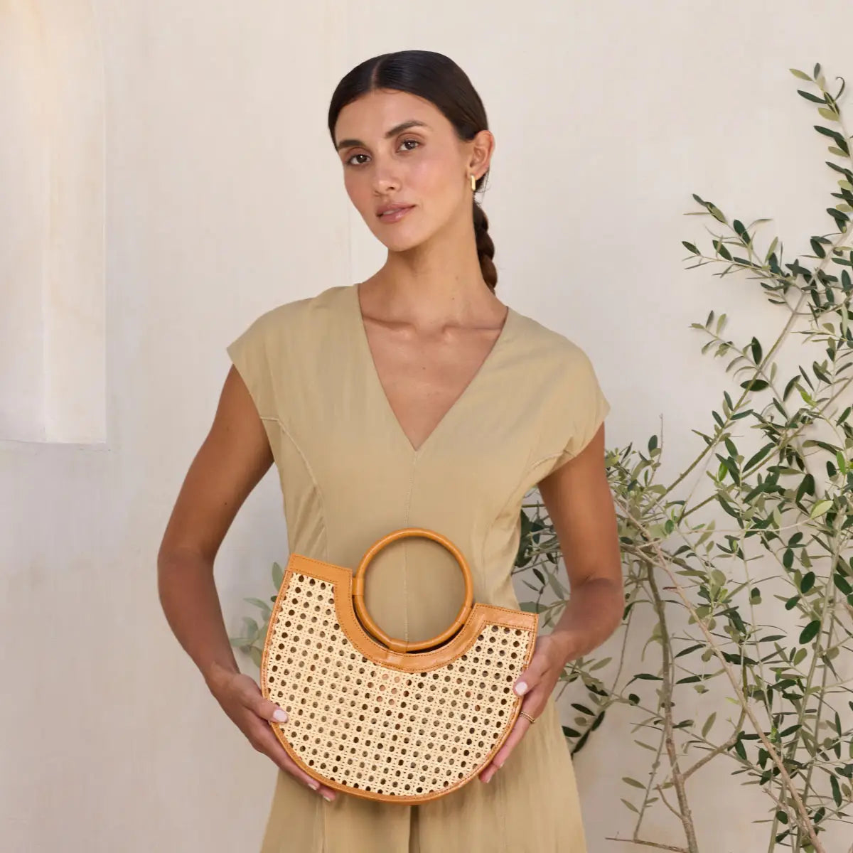 Cane Weave Rattan Handbag w/ Round Leather Handle