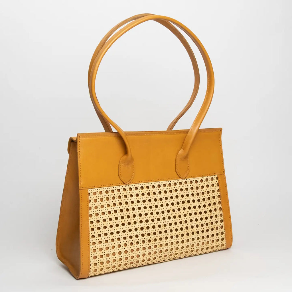 Rattan Cane Weave Satchel with Leather Trim