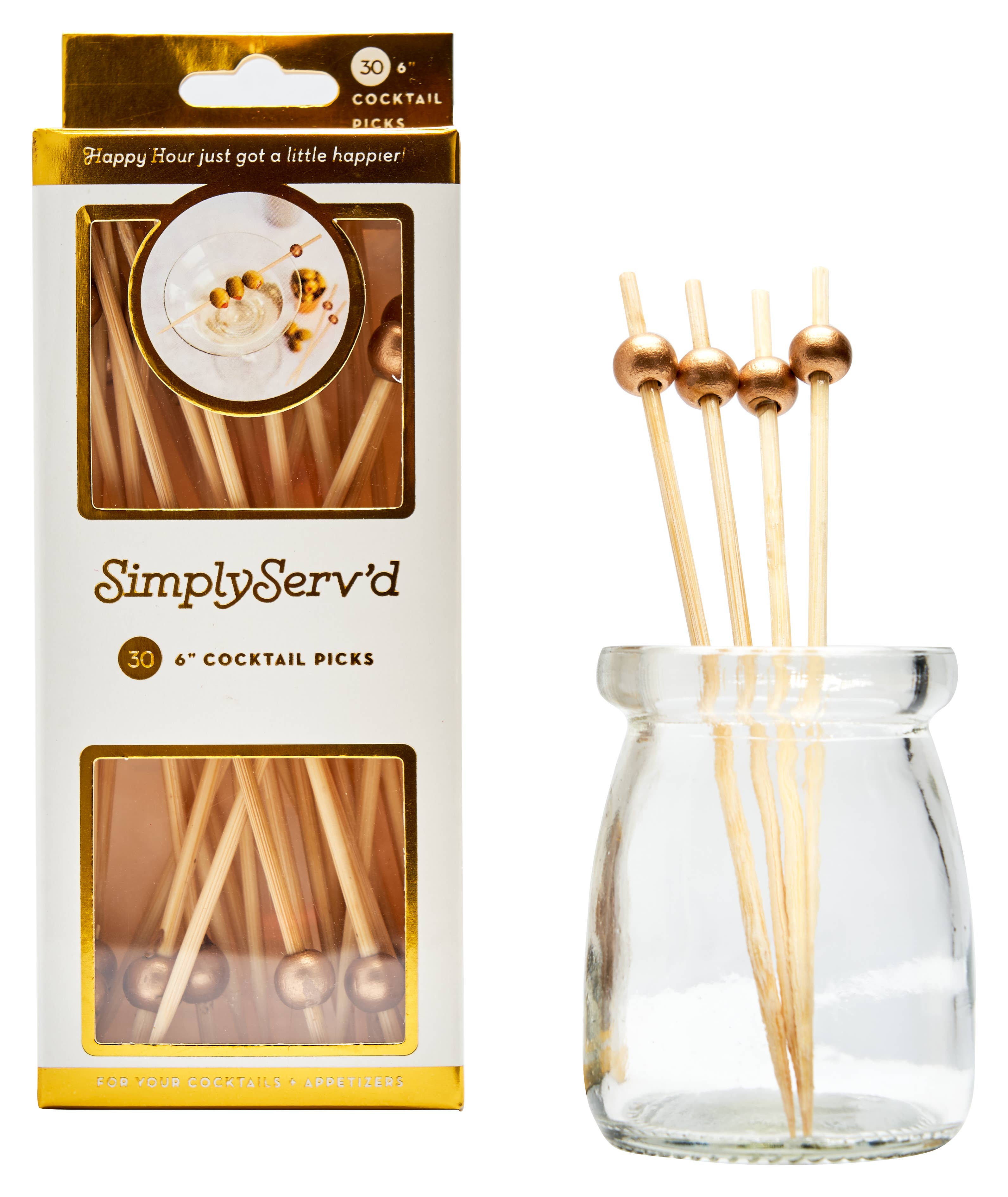 Party Pick Fancy Bamboo Toothpick Large 6" Gold Ball 30pk