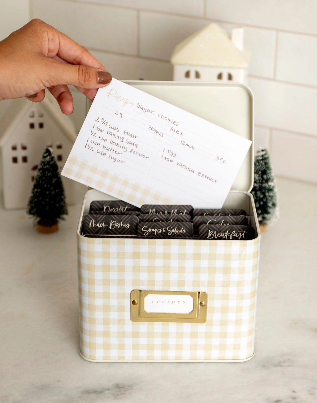 Beige Gingham Tin Recipe Box