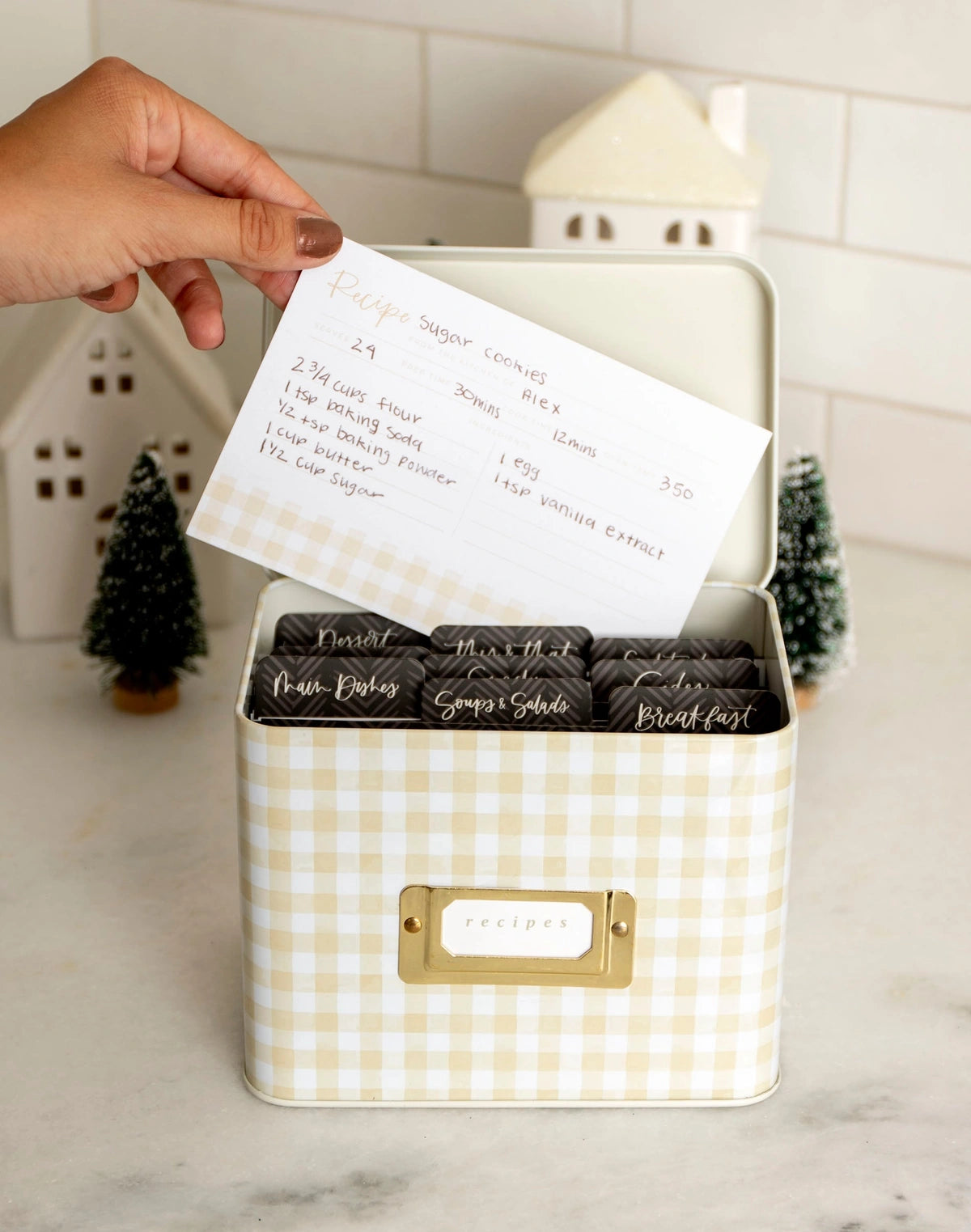 Beige Gingham Tin Recipe Box
