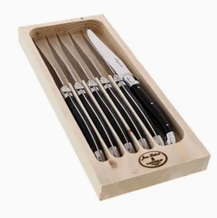 Jean Dubost 6 Steak Knives with Black Handles in Tray