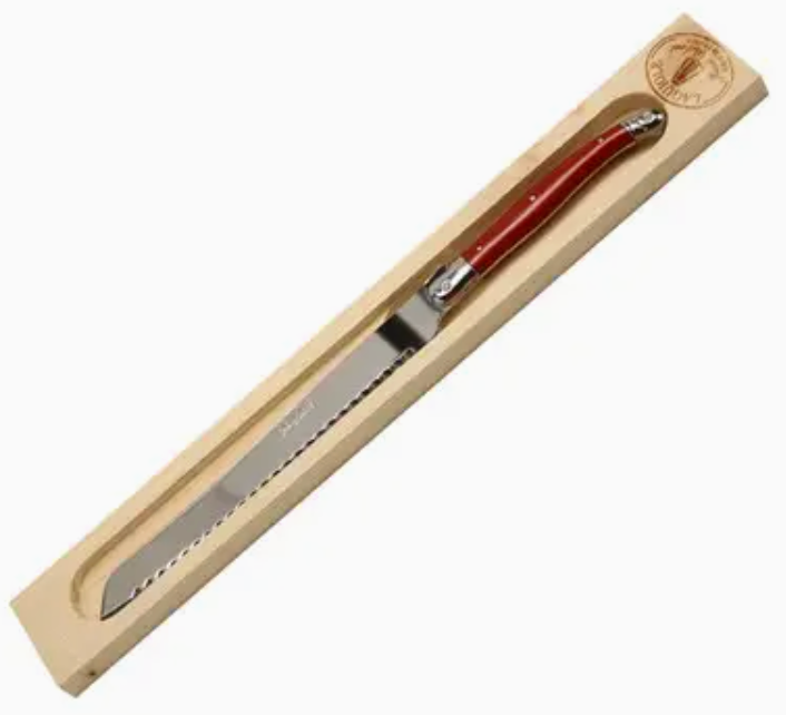 Jean Dubost Bread Knife with Red Handle in Wood Box