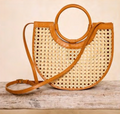 Cane Weave Rattan Handbag w/ Round Leather Handle