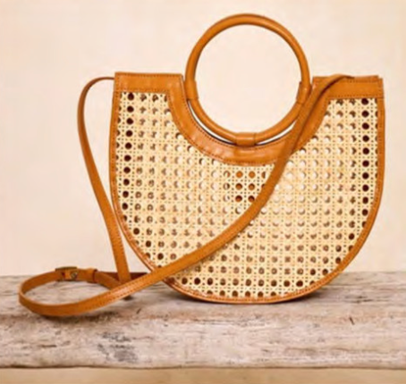 Cane Weave Rattan Handbag w/ Round Leather Handle