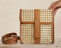 Rattan Medium Square Clutch Leather Trim and Crossbody Strap