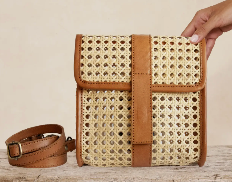 Rattan Medium Square Clutch Leather Trim and Crossbody Strap