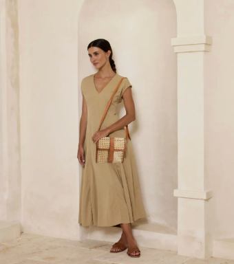 Rattan Medium Square Clutch Leather Trim and Crossbody Strap