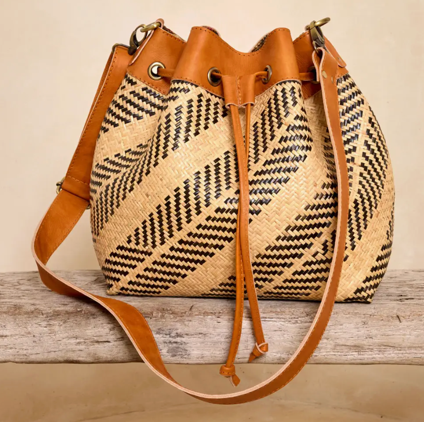 Rattan Sling Bag - Brown Diagonal Stripe Pattern