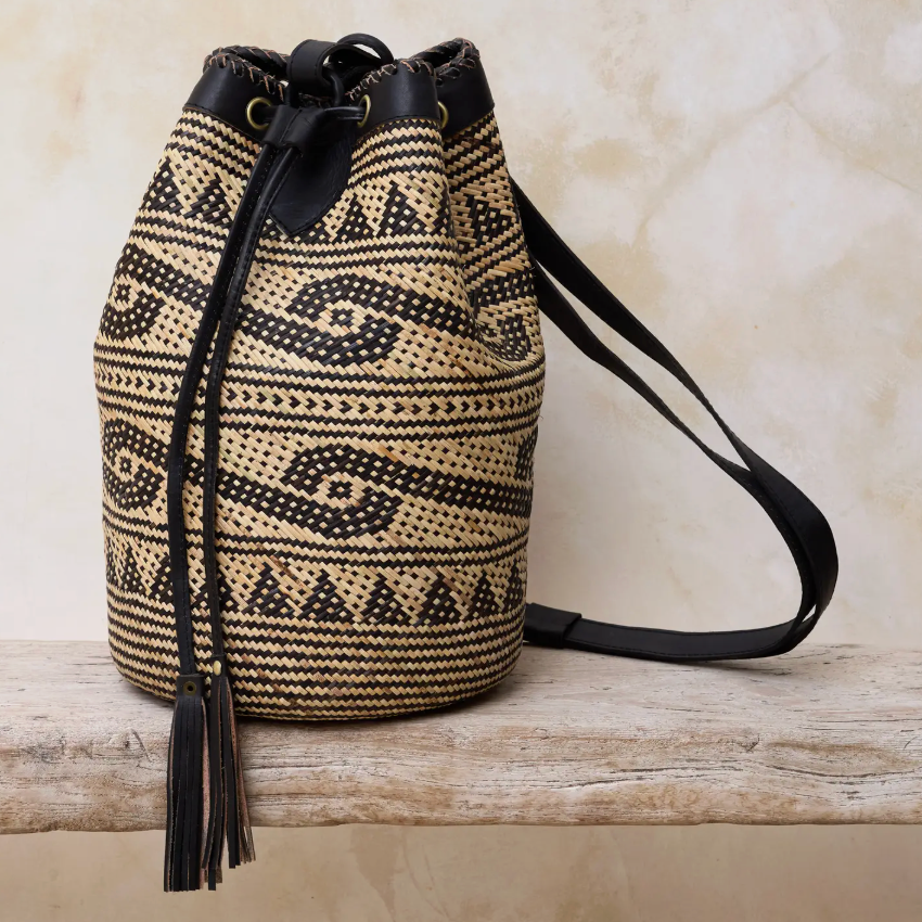 Rattan Sling Backpack - Tribal Patten Dark Leather