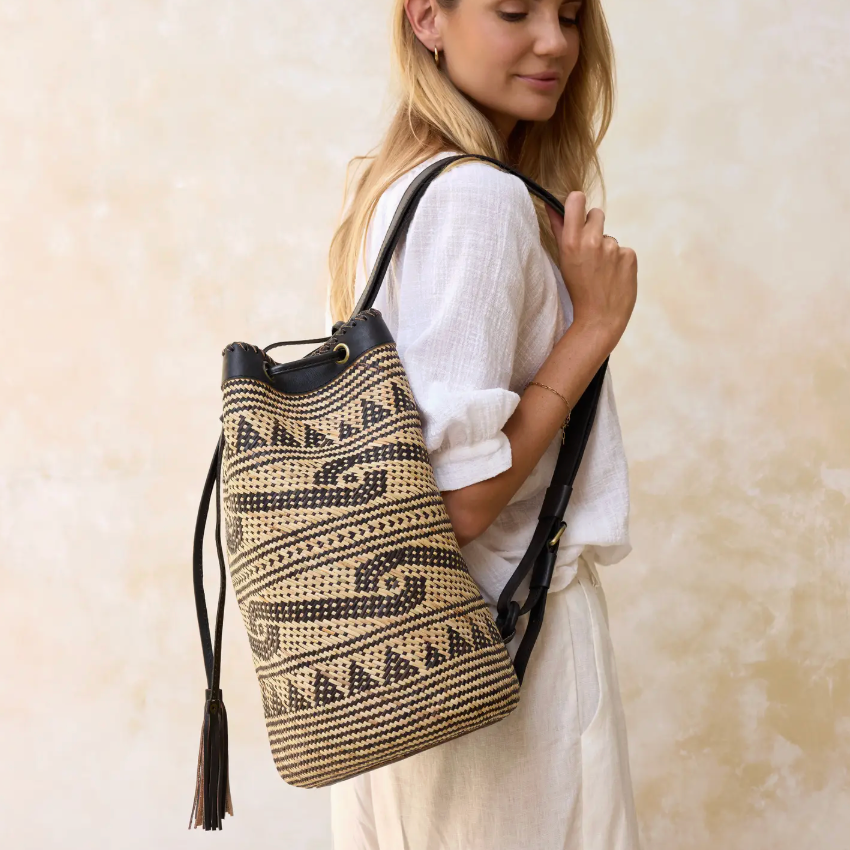 Rattan Sling Backpack - Tribal Patten Dark Leather