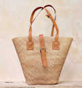 Rattan Beach Basket Tote Bag with Light Brown Leather Trim