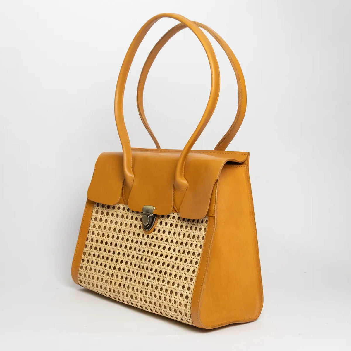 Rattan Cane Weave Satchel with Leather Trim
