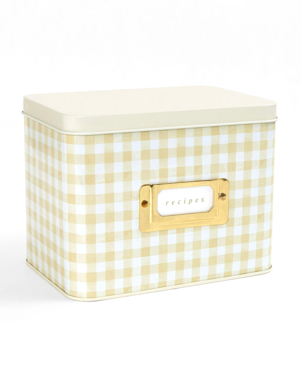 Beige Gingham Tin Recipe Box