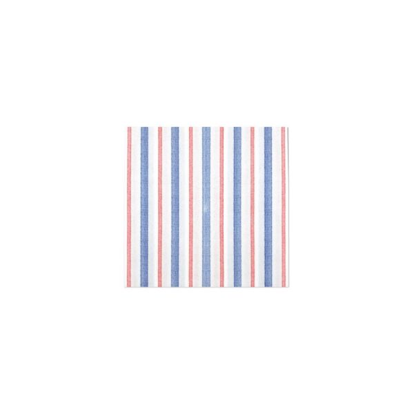 The Kitchen Table Americana stripe cocktail napkins in red, white, and blue spunlace fabric with a fabric-like texture.