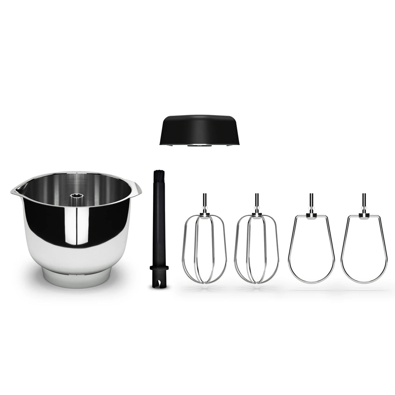 The Kitchen Table Ankarsrum premium beater set including stainless steel bowl, housing, balloon whisks, and beaters.