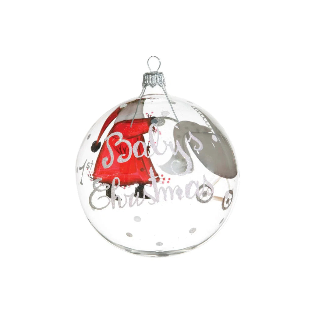 The Kitchen Table Old St. Nick Baby's First Christmas ornament, a handpainted glass bauble with whimsical Santa design.