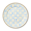 The Kitchen Table Courtly Check enamel charger plate with hand-painted blue and white checks and bronzed steel rim.