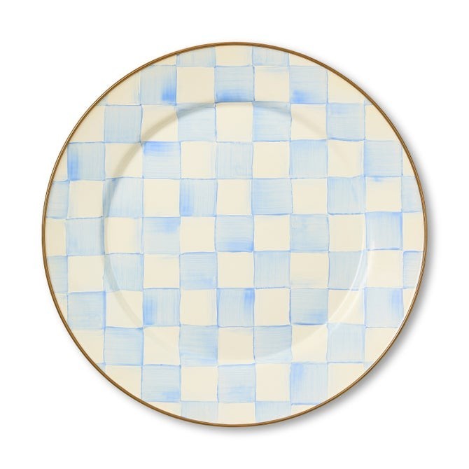 The Kitchen Table Courtly Check enamel charger plate with hand-painted blue and white checks and bronzed steel rim.