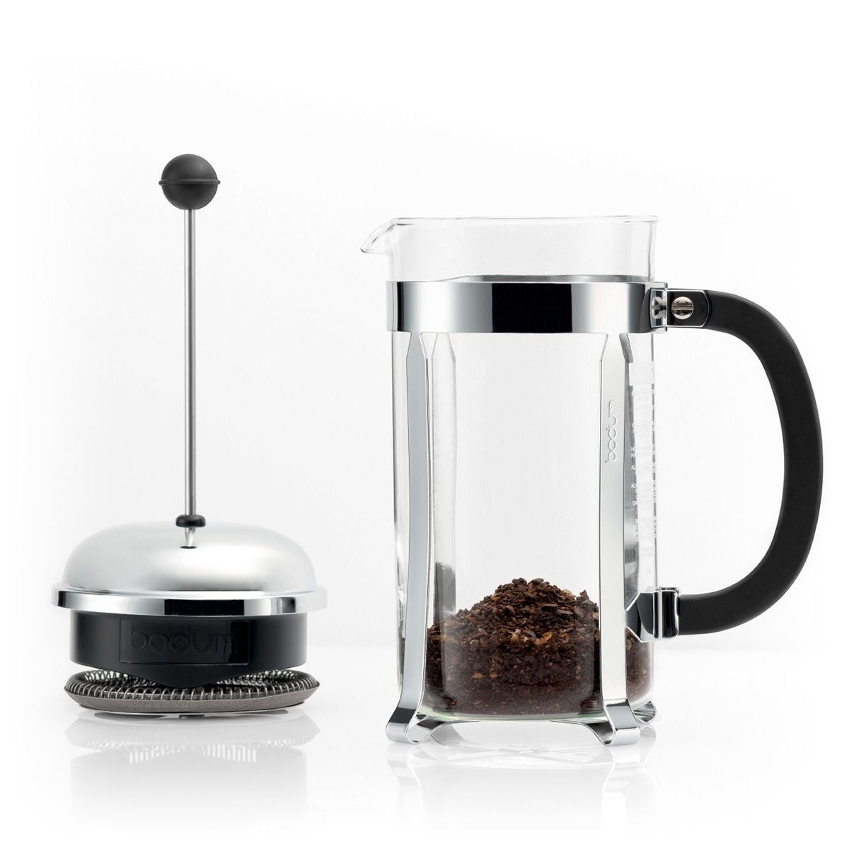 The Kitchen Table Bodum Chambord 8-cup French press coffee maker with glass carafe, stainless steel frame, and filter.