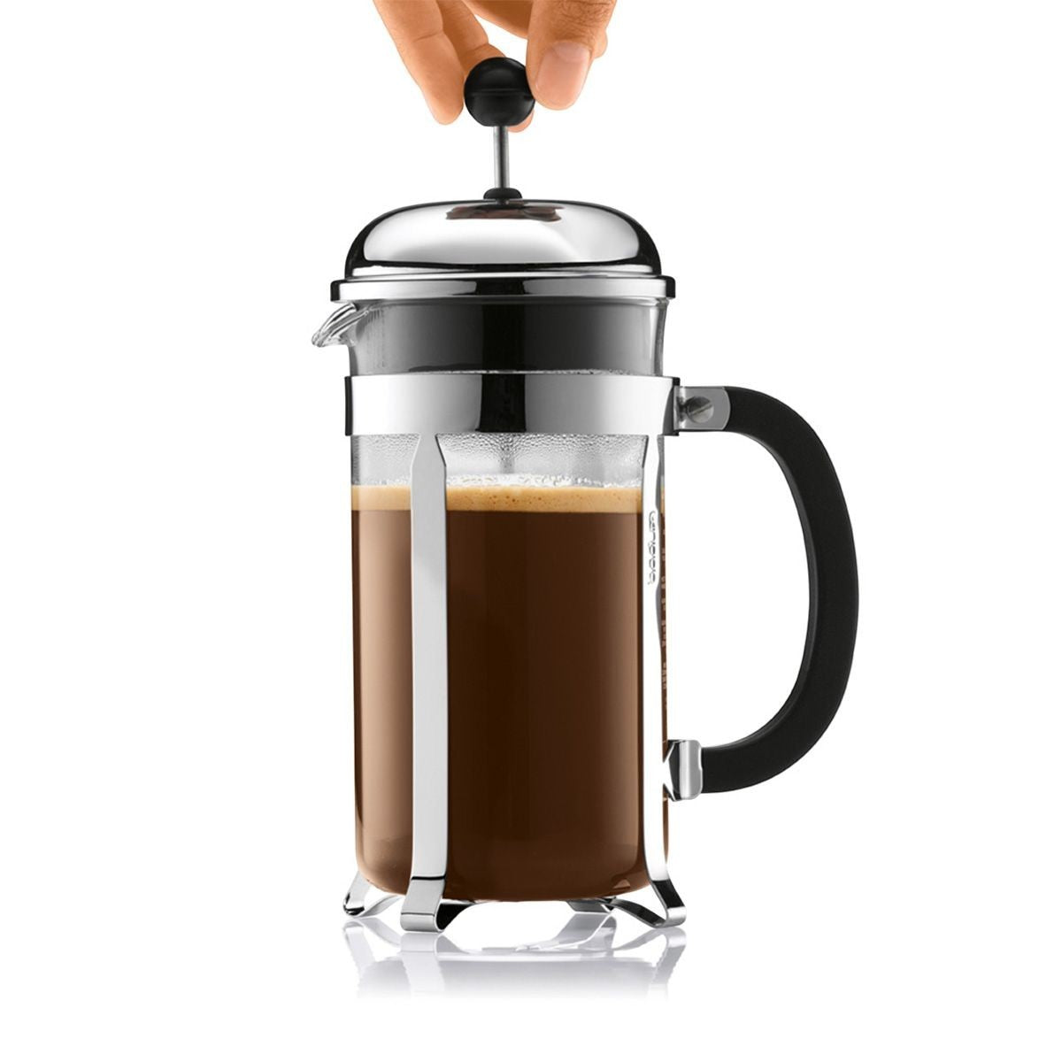 The Kitchen Table Bodum Chambord 8-cup French press coffee maker with glass carafe, stainless steel frame, and plunger.