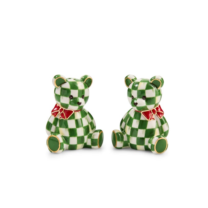 The Kitchen Table ceramic bear salt and pepper shakers featuring green and white checks, gold trim, and red bows.