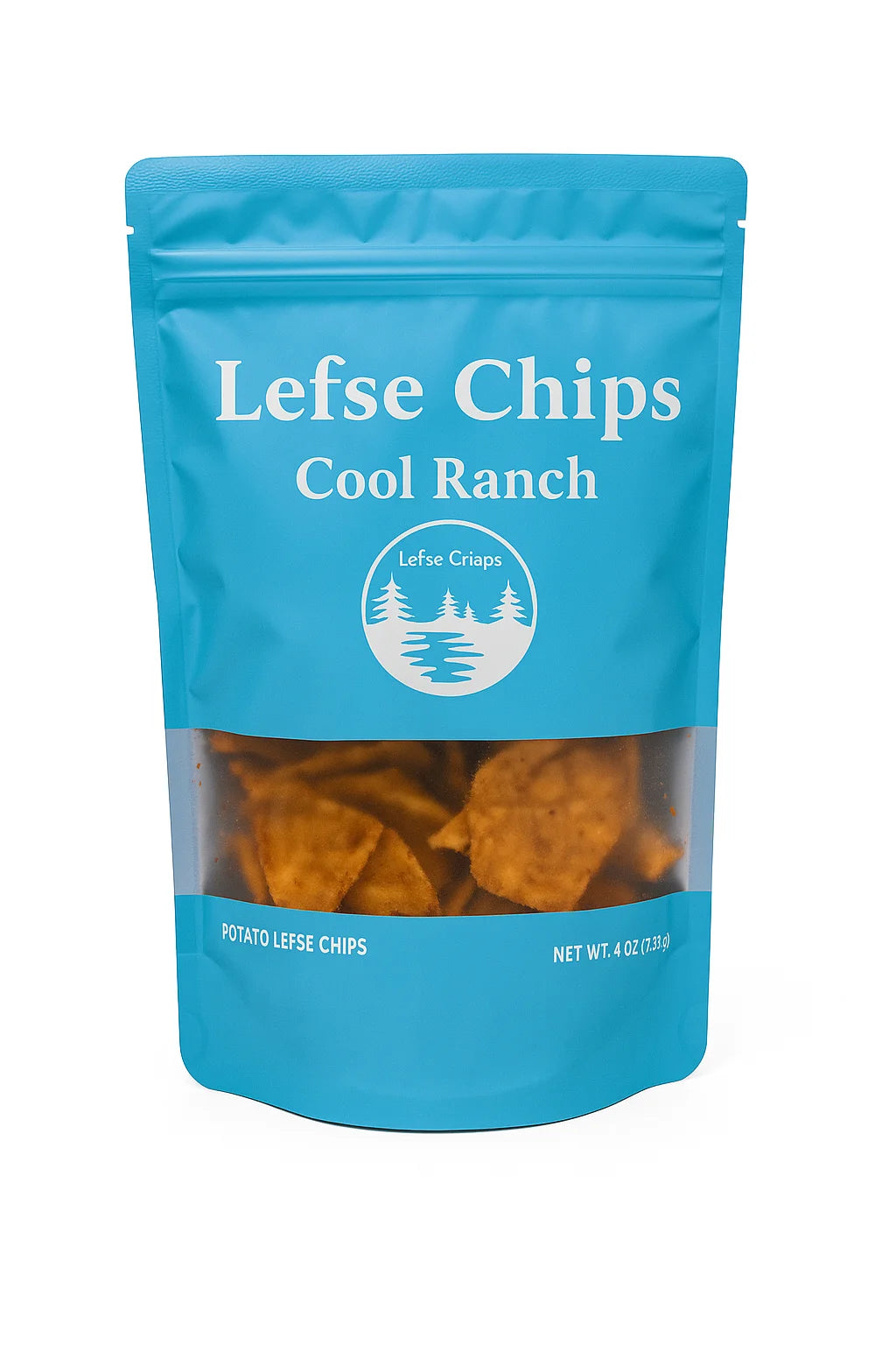 The Kitchen Table Cool Ranch Lefse Chips in a blue 4 oz resealable bag with a clear window showing crispy snacks.