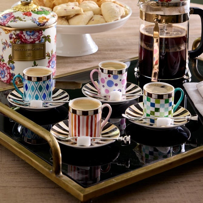The Kitchen Table Courtly espresso spoons with enamel check and stripe handles, set of four on a serving tray.