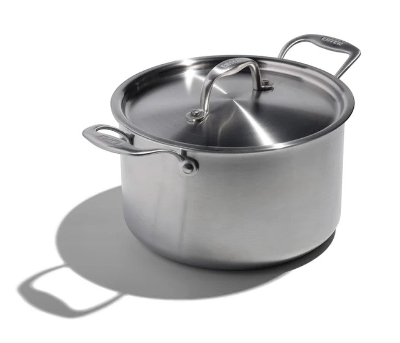 The Kitchen Table EATER 5 quart stainless steel sauce pot with matching lid and ergonomic side handles