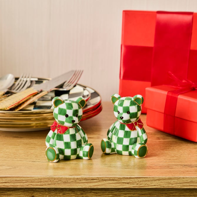 The Kitchen Table ceramic bear salt and pepper shakers with green and white check pattern and red holiday bows.