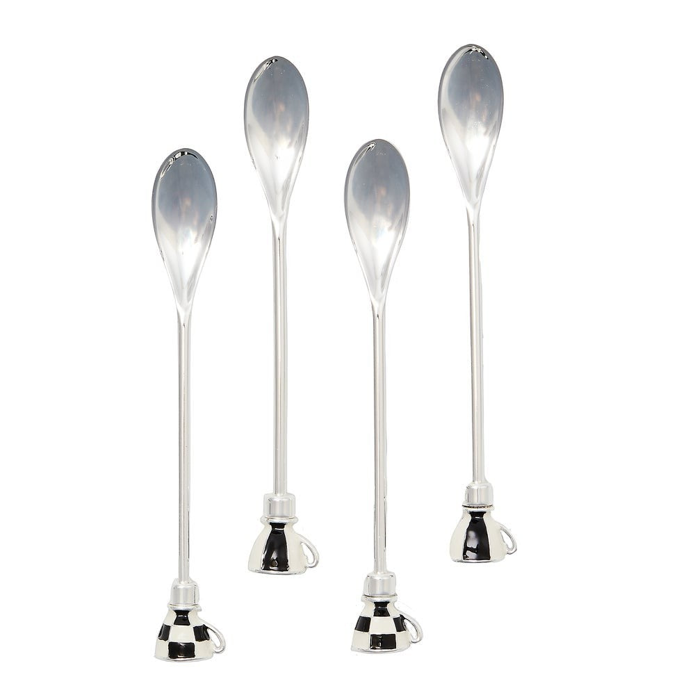 The Kitchen Table set of four silver metal espresso spoons with black and white checkered and striped handle details.
