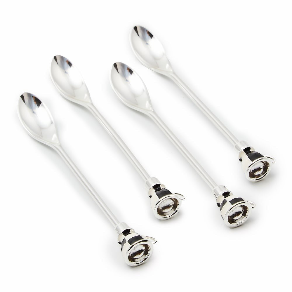 The Kitchen Table set of four silver metal espresso spoons with decorative black and white enamel handle accents
