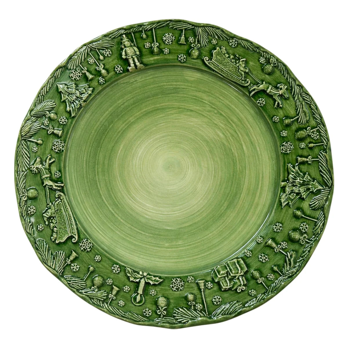 The Kitchen Table Fiabe di Natale green ceramic charger plate with handpainted and sculpted festive holiday motifs.