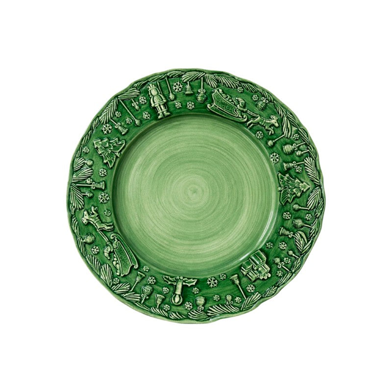 The Kitchen Table Fiabe di Natale green salad plate with handpainted and sculpted festive holiday relief details.