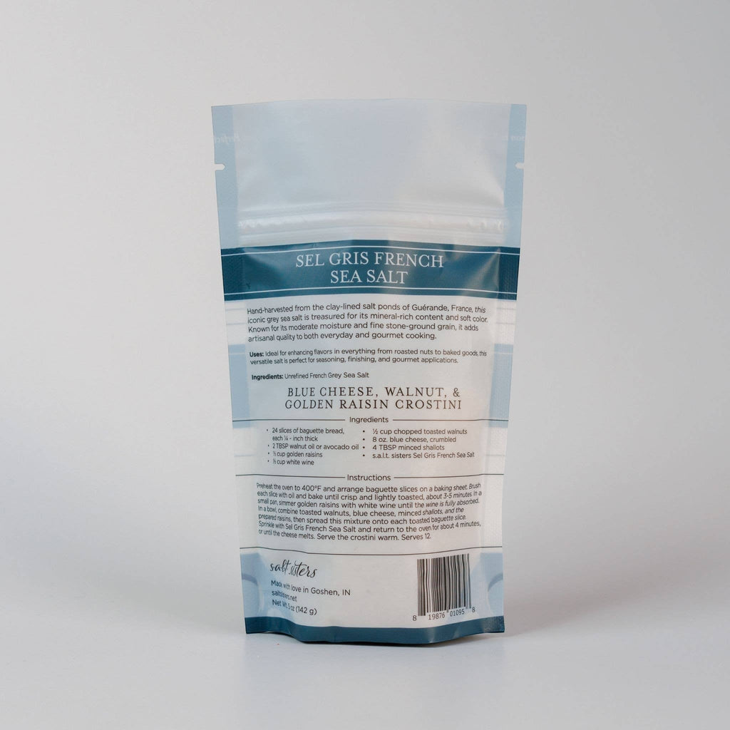 The Kitchen Table French Sel Gris sea salt pouch back label with ingredients and crostini recipe instructions.