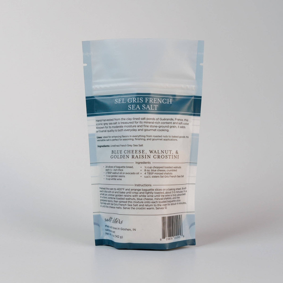 The Kitchen Table French Sel Gris sea salt pouch back label with ingredients and crostini recipe instructions.