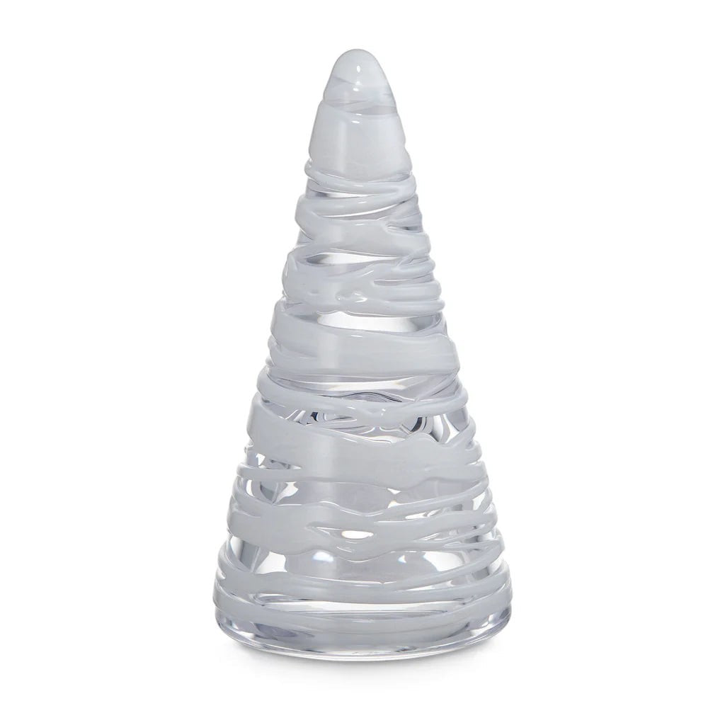 The Kitchen Table clear glass holiday tree ornament with swirling white snow-like patterns for tabletop decor.