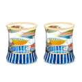 The Kitchen Table Go Fish highball glass set featuring mouth-blown glass with colorful fish motifs and gold trim.
