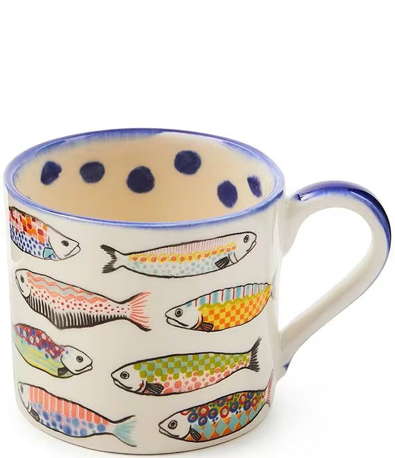 The Kitchen Table Go Fish stoneware mug with colorful patterned fish illustrations and a hand-painted blue rim.