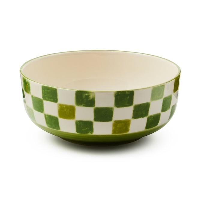 The Kitchen Table stoneware serving bowl with a green and white watercolor checkerboard pattern and hand-painted rim.