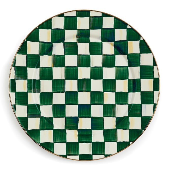 The Kitchen Table Courtly Check enamel dinner plate with a hand-painted green and white checkered pattern and bronze rim