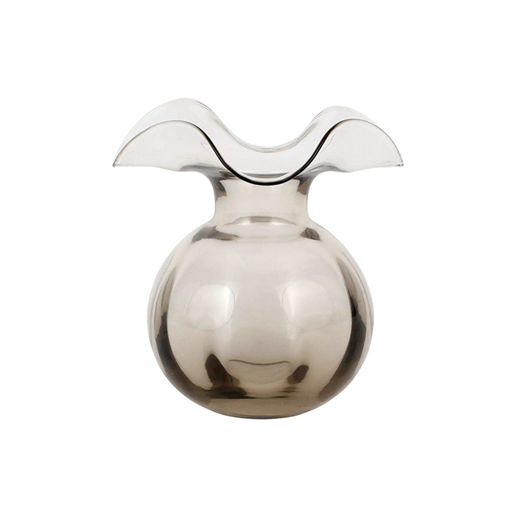 The Kitchen Table Hibiscus glass fluted bud vase in a translucent grey hue with a romantic, mouthblown curved rim.