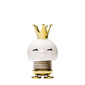 The Kitchen Table Hoptimist Queen figurine in white with a shiny gold crown and matching gold spring base.