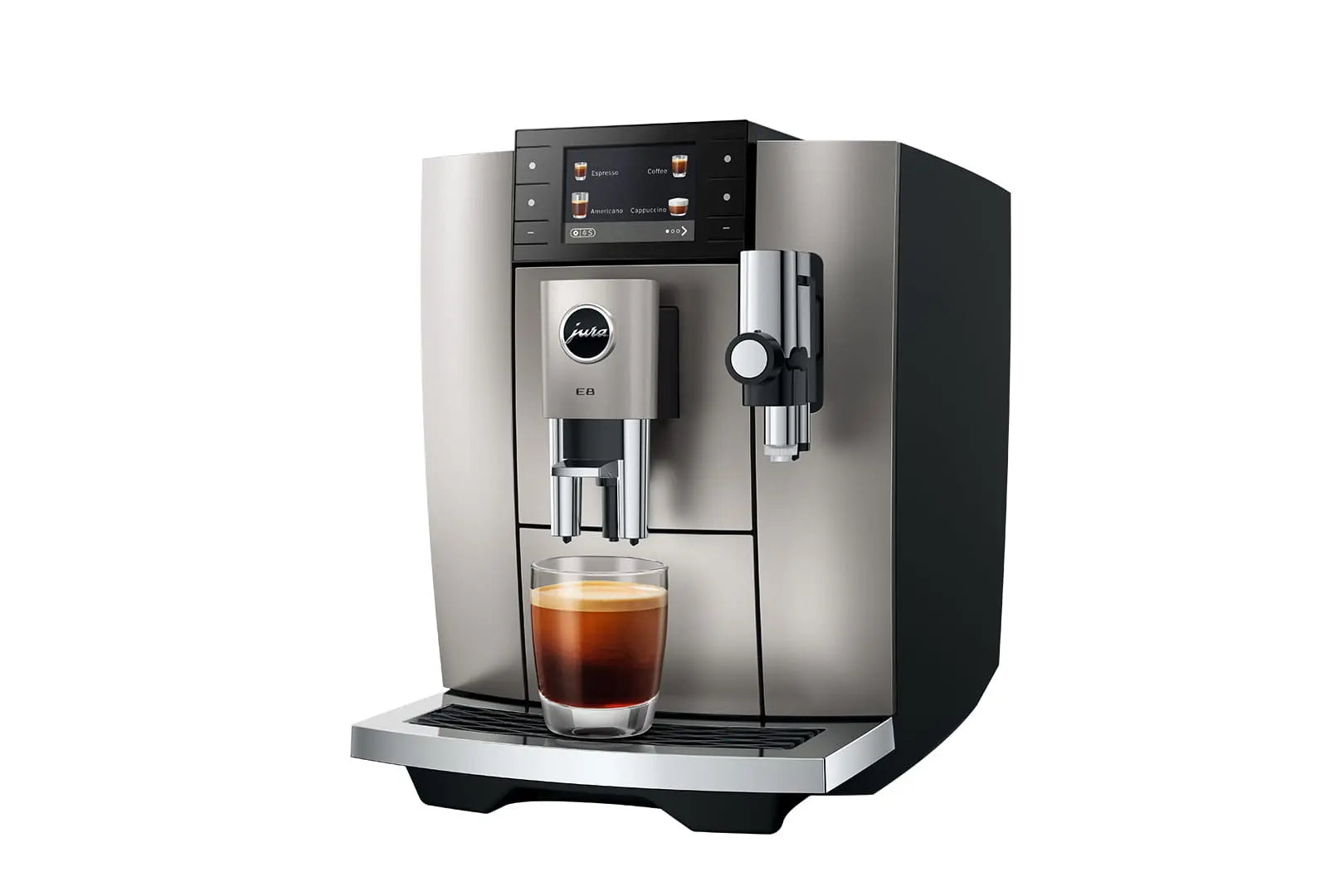 The Kitchen Table Jura E8 automatic coffee machine in midnight silver with a touchscreen display and glass of espresso