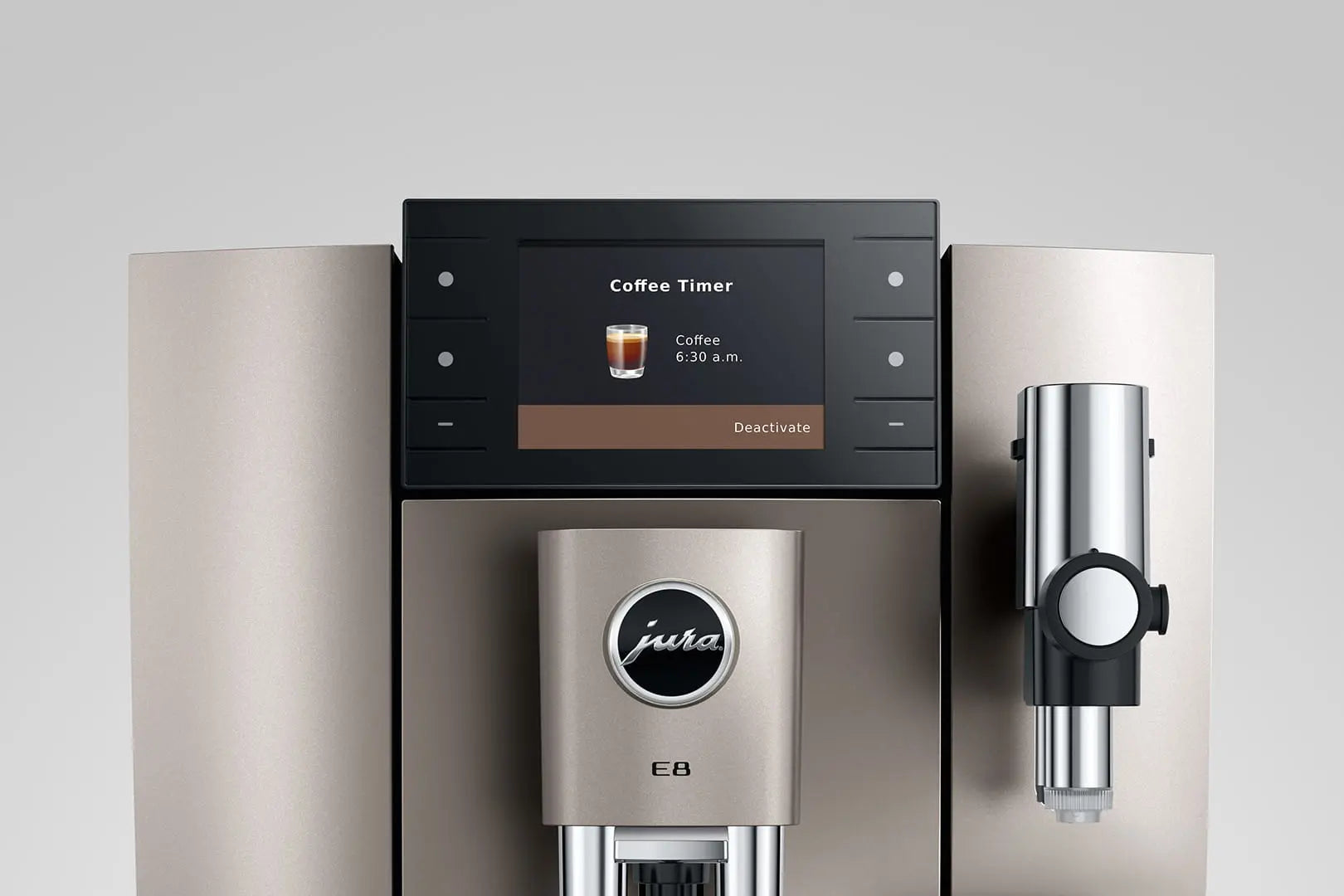 The Kitchen Table Jura E8 Midnight Silver automatic coffee machine showing the digital Coffee Timer display screen