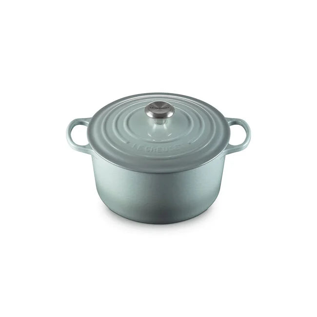 The Kitchen Table Le Creuset Signature Deep Round Oven in a soft sea salt enamel finish with a stainless steel knob.