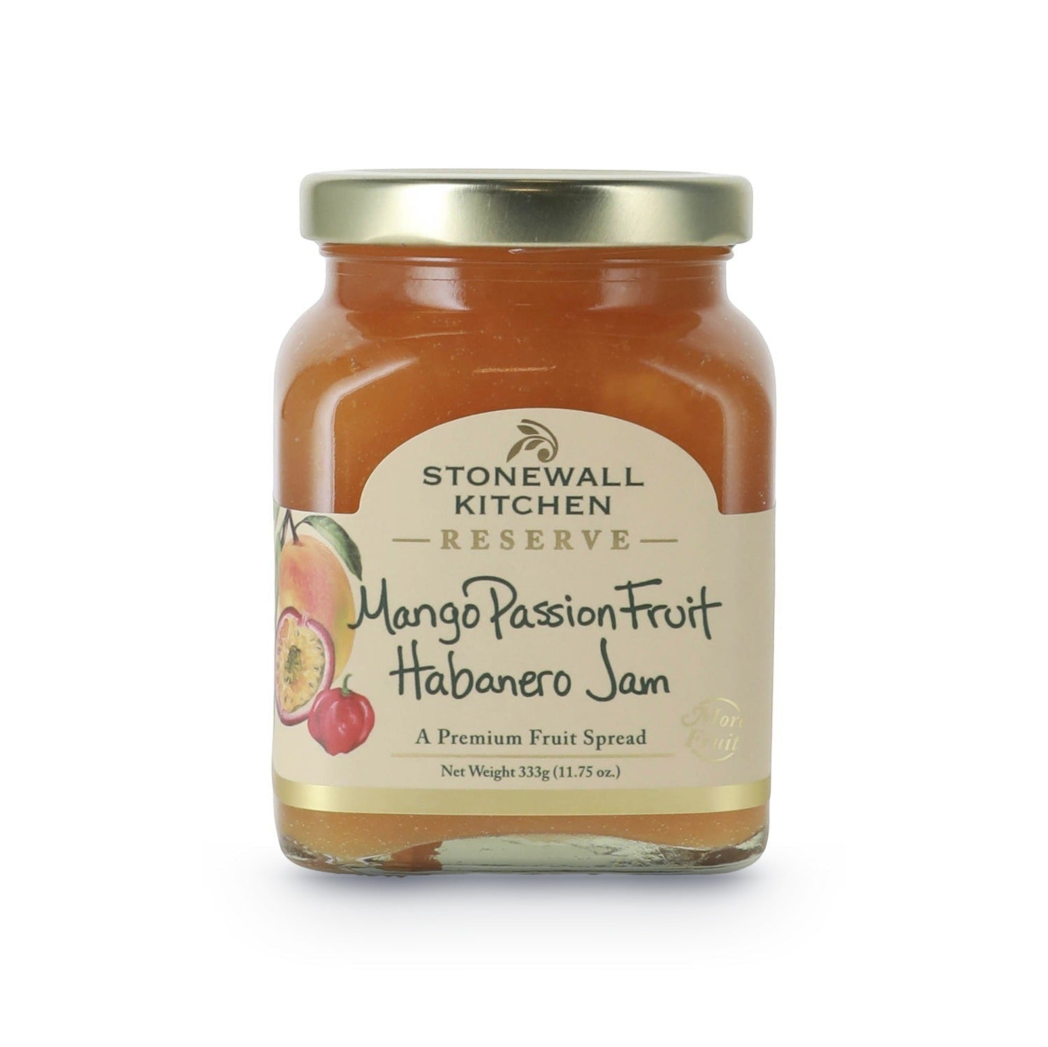 The Kitchen Table Stonewall Kitchen Reserve Mango Passionfruit Habanero Jam in a glass jar with a gold lid.