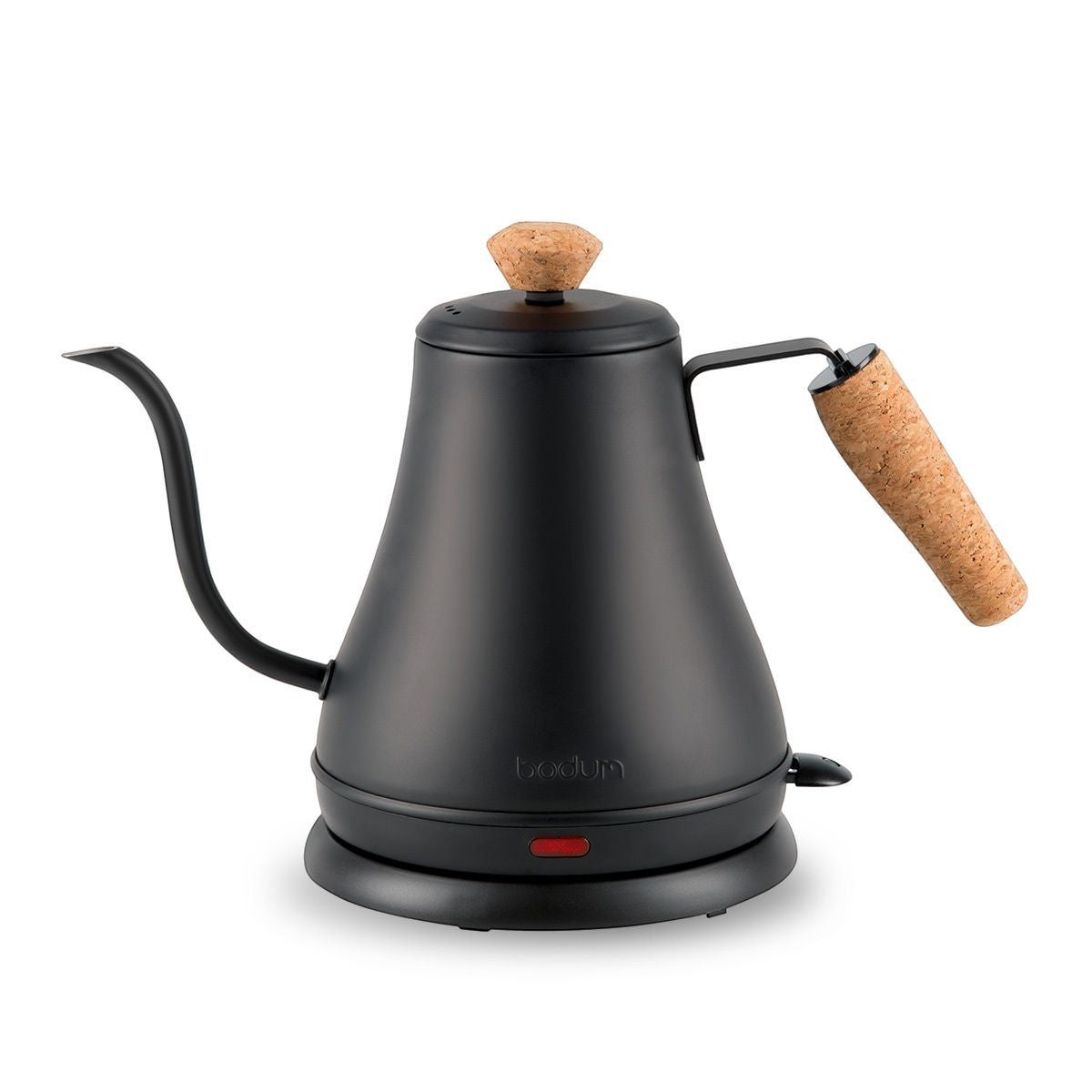 The Kitchen Table MELIOR electric gooseneck kettle in matte black with a sustainable cork handle and lid knob.