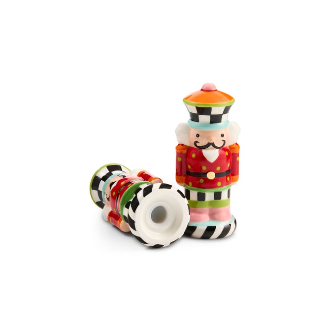 The Kitchen Table ceramic Confetti Nutcracker salt and pepper shakers with colorful stripes, checks, and polka dots.